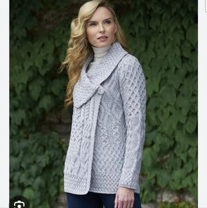 Aran One Button Closure Irish Wool Cardigan Grey Size L Soft Warm Cozy